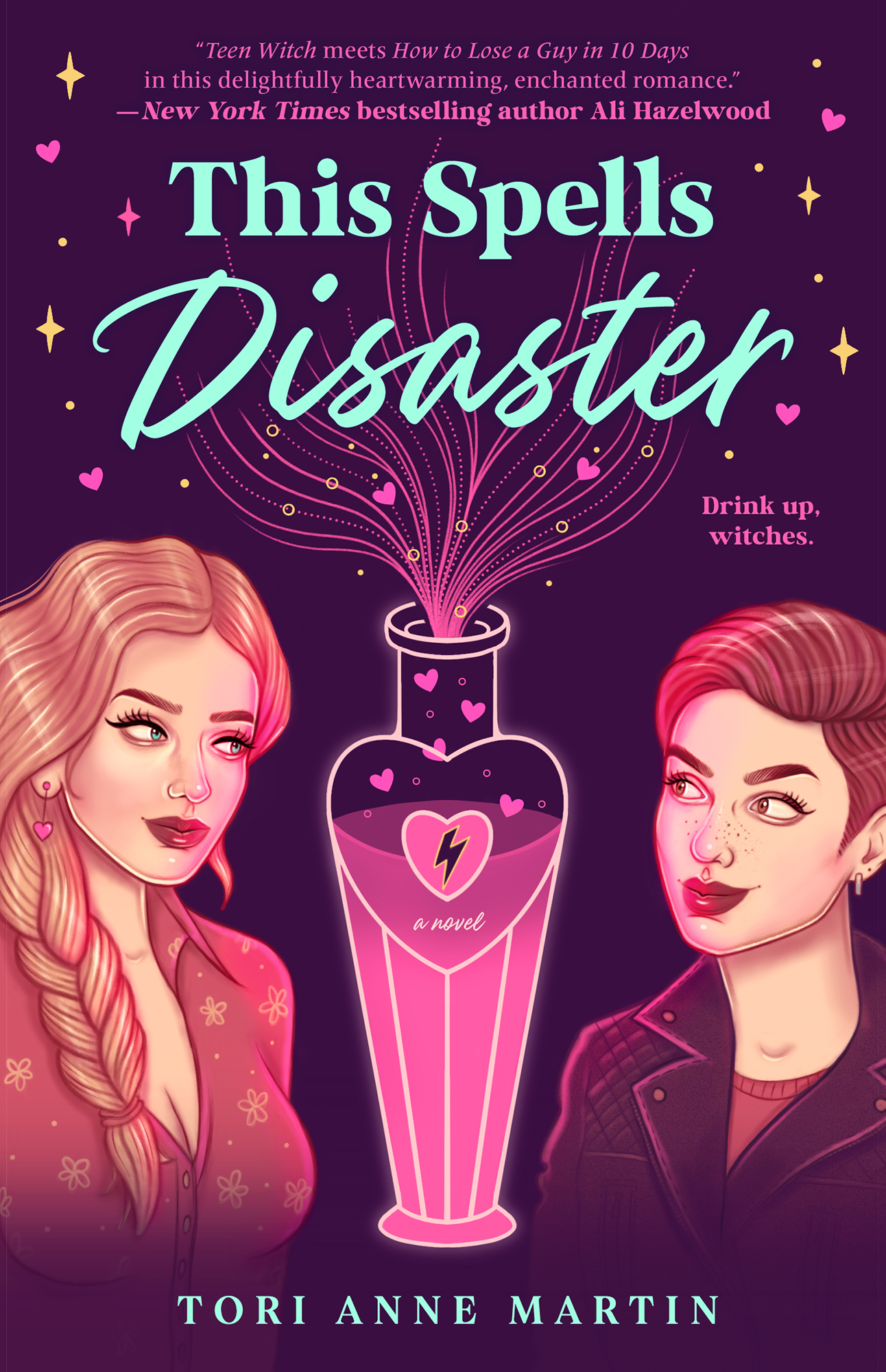 Cover for This Spells Disaster features the two main characters, Morgan (a witch with a long, blond braid and heart-shaped earrings) and Rory (a witch with short, dark hair and freckles) staring at each other, along with a heart-shaped potion bottle between them.