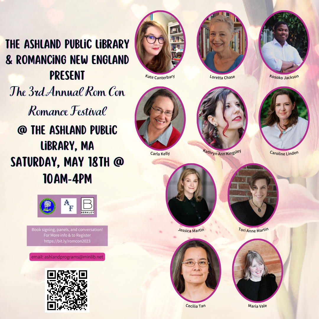 A RomCon graphic that includes the photos and names of participating authors. The same information can be found by clicking the "More info here" link.